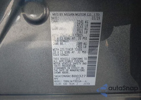 2019 Nissan Rogue Sl z USA, uszkodzony, nr VIN 5N1AT2MV6KC800327